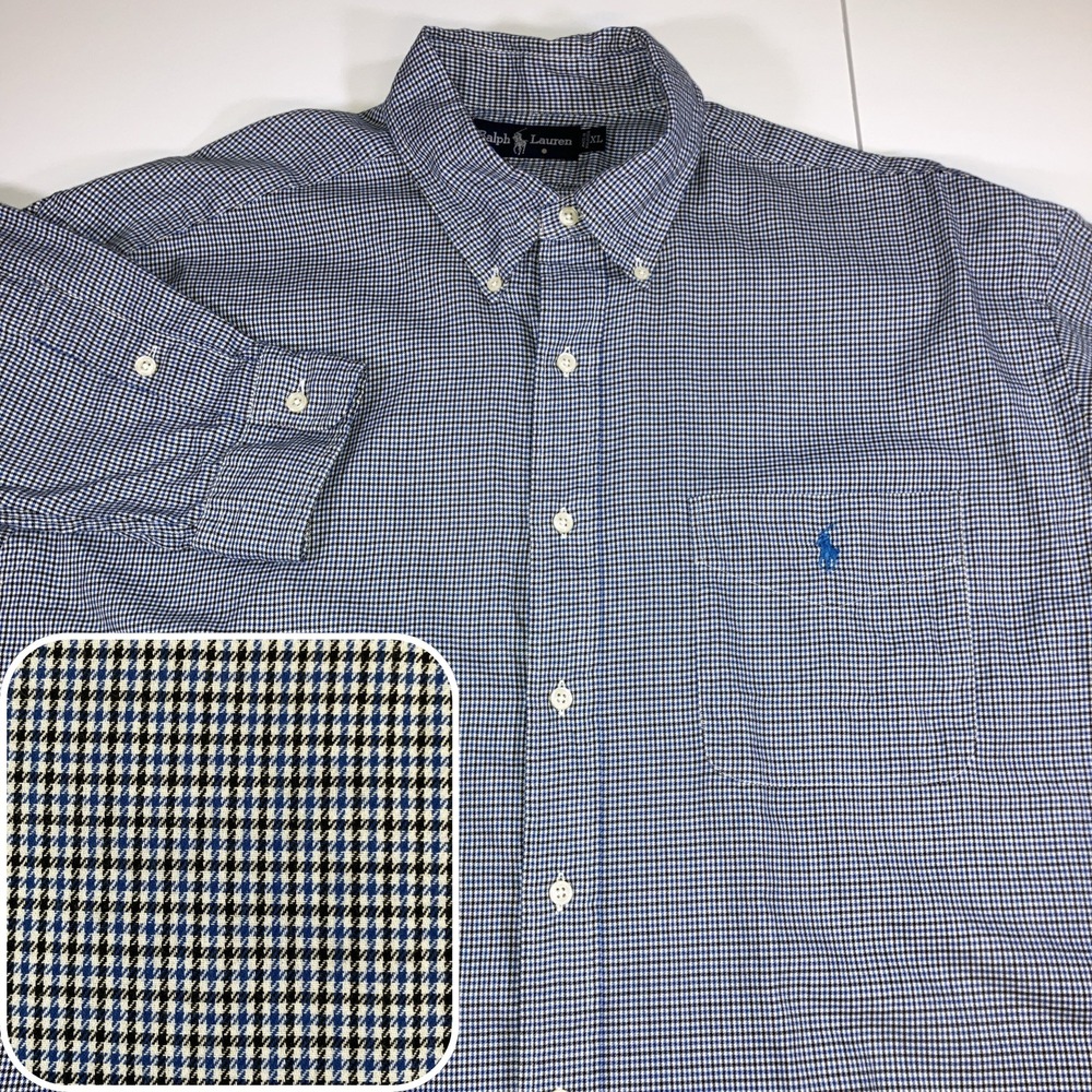 Ralph Lauren Men's XL Blue Black Houndstooth Button Up Long Sleeve Shirt